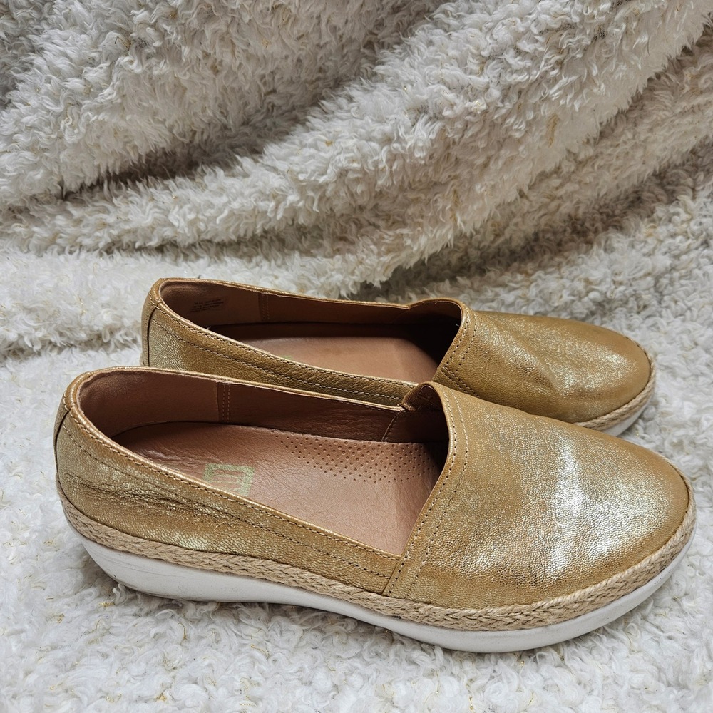 Fitflop Casa Metallic Gold Leather Loafers Slip-on Sneakers sz 7.5
